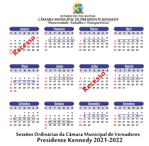 Calendário de Sessões Ordinárias é divulgado pela Câmara Municipal de Presidente Kennedy