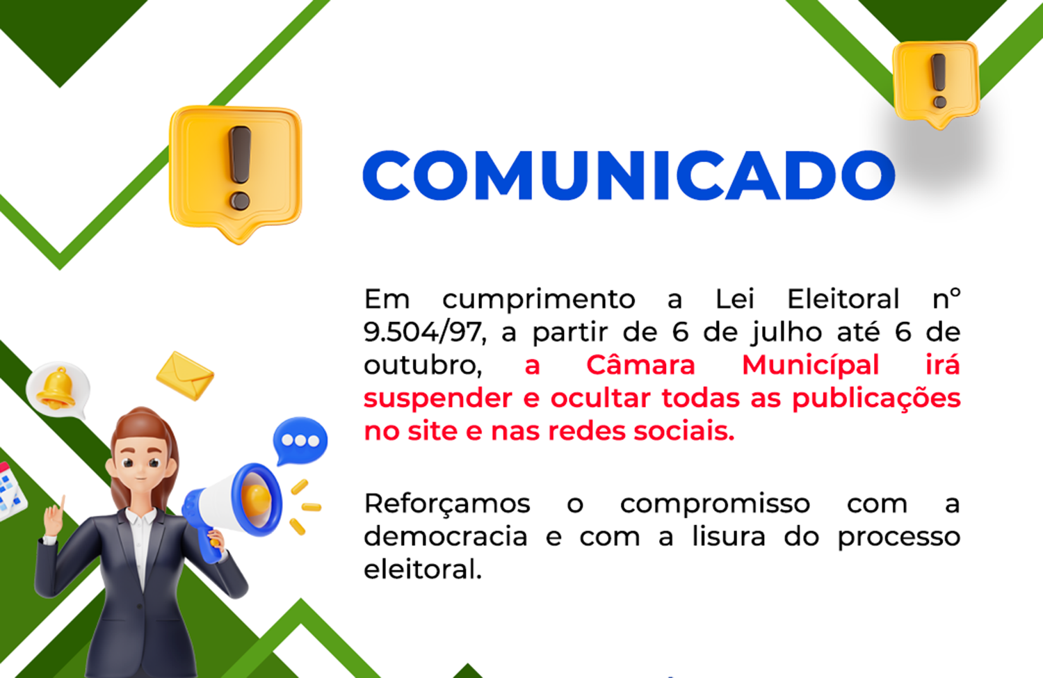 Câmara de Presidente Kennedy se adequa às normas eleitorais e suspende as publicações no site institucional e redes sociais durante período eleitoral